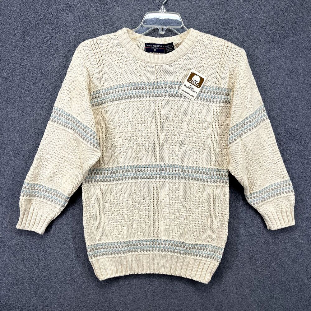 Vintage Van Heusen Sweater Adult Medium Off White stripe Knit classic cozy chic